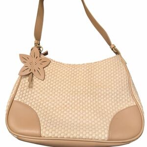 Liz Claiborne Vintage Tan Woven Shoulder Bag with Floral Charm Detail